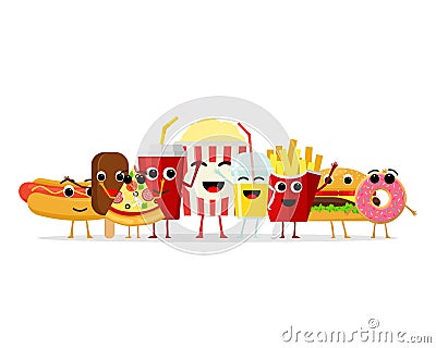 Funny fast food characters isolated on white background. Happy smile cartoon face fastfood, comical snack Vector Illustration