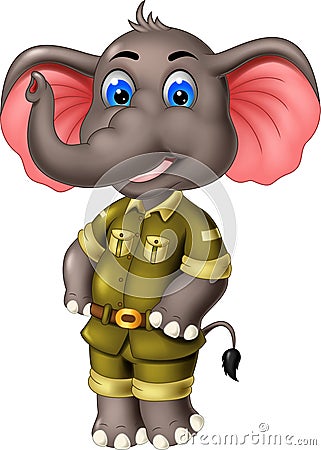 Funny Grey Elephant In Green Uniform Cartoon Stock Photo