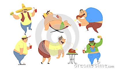 Funny Fat Men Set, Bad Habits, Unhealthy Lifestyle of Overweight Persons Vector Illustration Vector Illustration