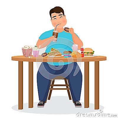 Funny fat obese man eating hamburger fast food. Vector Illustration. Vector Illustration