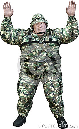 Funny Fat Soldier, Surrender, Isolated Stock Photo