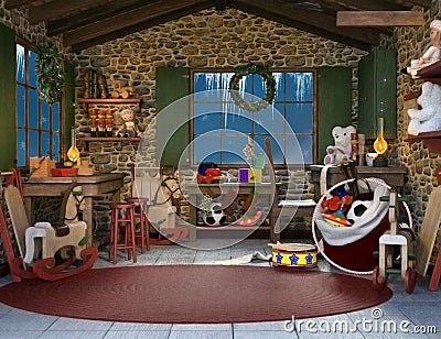 Funny Father Christmas toys workshop Stock Photo