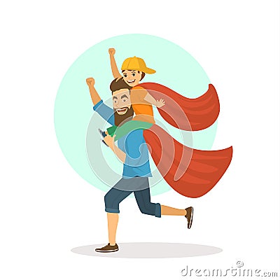 Funny father and son having fun, playing together superheroes, boy sitting on dads shoulders, happy fathers day Vector Illustration