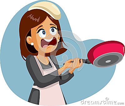 Funny Female Cook Failing to Flip Pancakes Vector Illustration