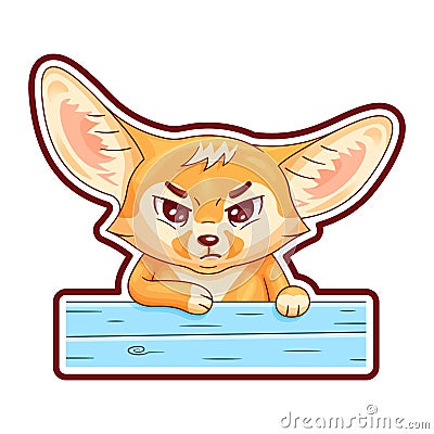 Funny fennec fox standing by the blue painted fence and looking severely Vector Illustration
