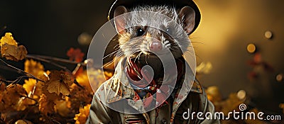 Funny ferret in hat and coat on autumn leaves background Stock Photo