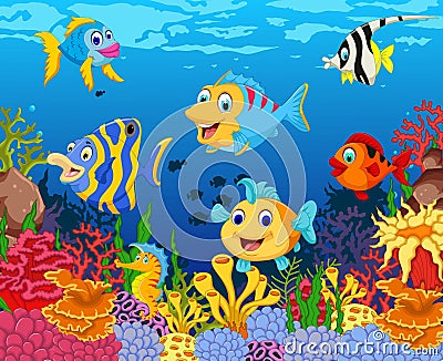 Funny fish cartoon with beauty sea life background Stock Photo