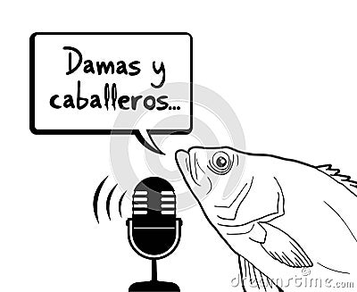 Funny fish and Ladies and gentlemen message in spanish Vector Illustration