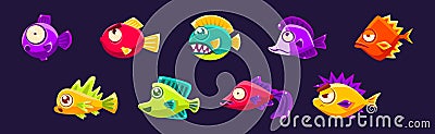 Funny Fish in Underwater World as Marine Life Vector Set Vector Illustration