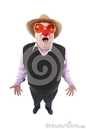 Funny fisheye portrait of the cheerful elderly man Stock Photo