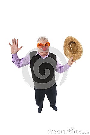 Funny fisheye portrait of the cheerful elderly man Stock Photo