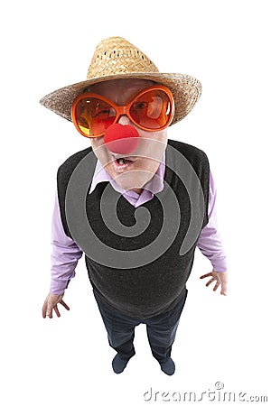 Funny fisheye portrait of the cheerful elderly man Stock Photo