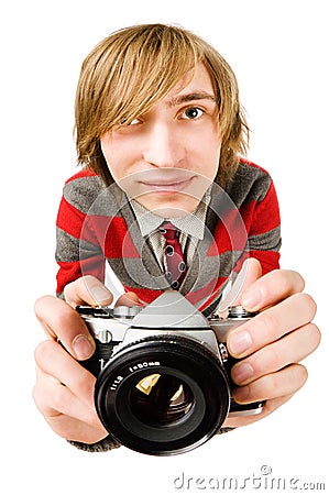 Funny fisheye portrait of man with camera Stock Photo