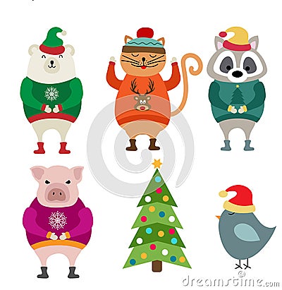 Funny flat design animals dressed for Christmas Vector Illustration