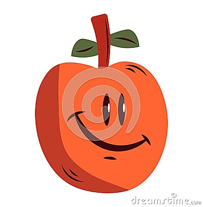 Funny flat orange apple. Anthropomorphic fruit. Isolated Vector close up. Healthy vegan food. Design for print, web Vector Illustration
