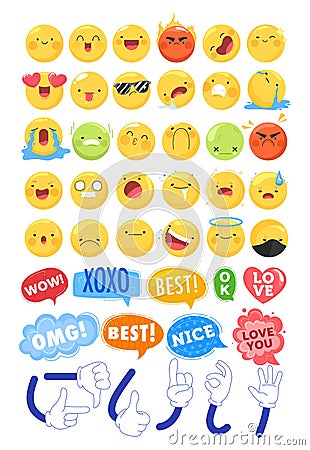 Funny flat style emoji emoticon anime reactions color icons set vector illustration isolated on white. Booble talk hello Vector Illustration