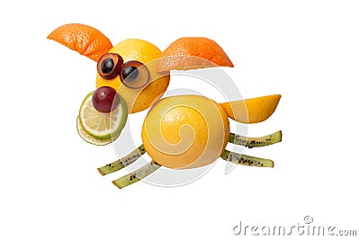 Funny flying dog made of fruits Stock Photo