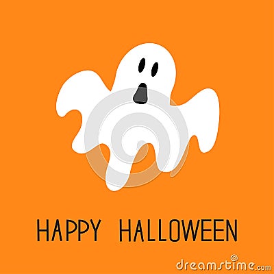 Funny flying ghost. Happy Halloween. Greeting card. Cute cartoon character. Vector Illustration