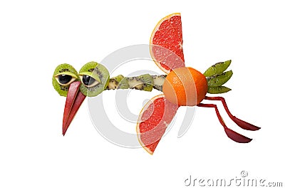 Funny flying heron made of fruits Stock Photo