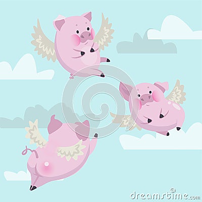 Funny flying pink pigs against the sky Stock Photo