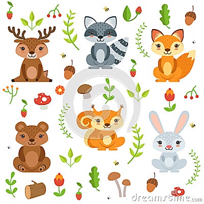 Funny forest animals and floral elements isolate on white background. Vector illustration in cartoon style Vector Illustration