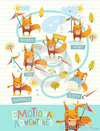 Funny fox with colorful umbrella expressing different emotions. Cartoon character s facial expressions. Emotional Vector Illustration