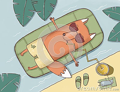 Funny fox having rest at the seashore, fox`s vacations Cartoon Illustration