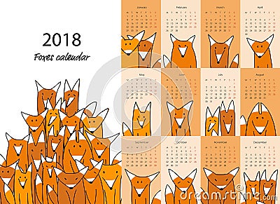 Funny foxes, calendar 2018 design Vector Illustration