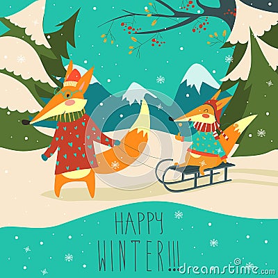 Funny foxes sledding Vector Illustration