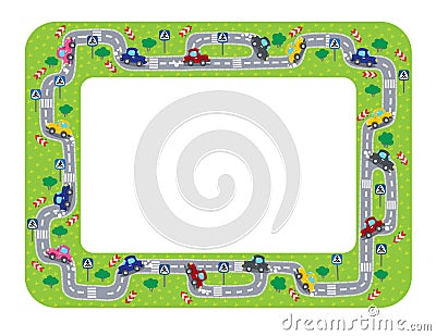 Funny frame or border with roads and cars. Vector Illustration