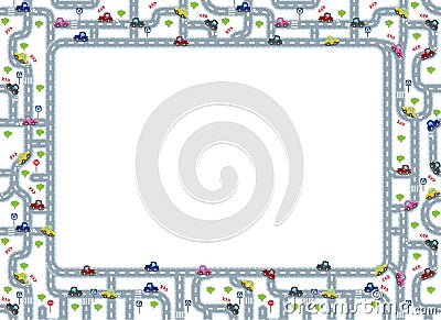 Funny frame or border with roads and cars. Vector Illustration