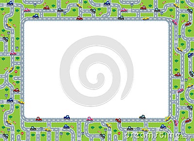 Funny frame or border with roads and cars. Vector Illustration