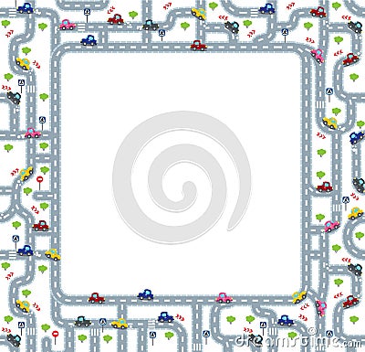 Funny frame or border with roads and cars. Vector Illustration