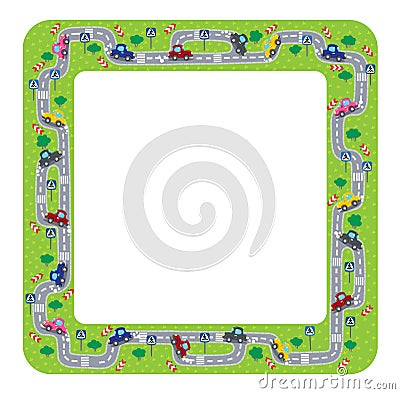 Funny frame or border with roads and cars. Vector Illustration