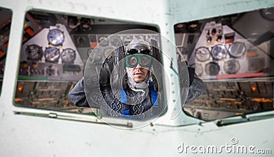 Funny freak man inside the spacecraft Stock Photo