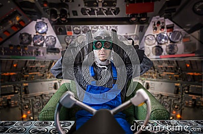 Funny freak man inside the spacecraft Stock Photo