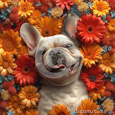funny french bulldog in flowers Cartoon Illustration