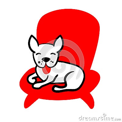 Funny french bulldog in red chair card on white background. Outline domestic dog seat in armchair flat vector Vector Illustration