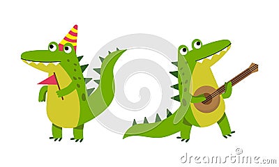 Funny friendly crocodile in everyday activities set. Cute green croc character playing domra musical instrument and Vector Illustration