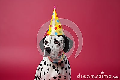 Friendly and cute Dalmatian wearing a birthday party hat in studio, on a vibrant, colorful background. Generative AI Stock Photo