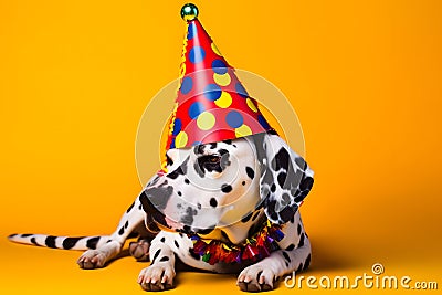 Friendly and cute Dalmatian wearing a birthday party hat in studio, on a vibrant, colorful background. Generative AI Stock Photo