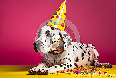 Friendly and cute Dalmatian wearing a birthday party hat in studio, on a vibrant, colorful background. Generative AI Stock Photo