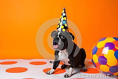 Funny and friendly cute French Bulldog wearing a birthday party hat in studio, on a vibrant, colorful background. Generative Stock Photo