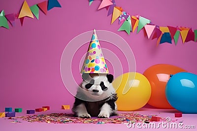 Funny and friendly cute panda wearing a brithday party hat in studio, on a vibrant, colorful background. Generative AI Stock Photo