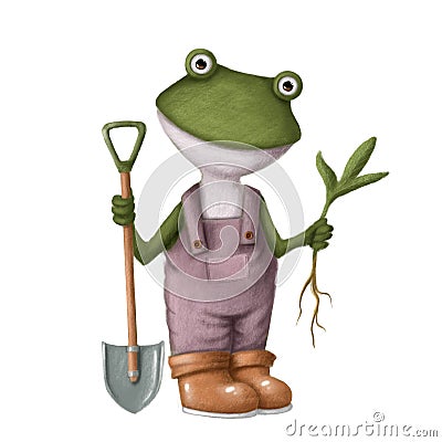 funny frog in the garden, watercolor style illustration, summer clipart with cartoon character Cartoon Illustration