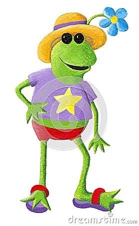 Funny frog going to beach Cartoon Illustration