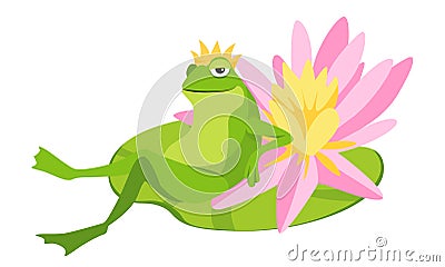 Funny Frog in Gold Crown Relax in Confident Pose with Crossed Legs on Water Lily Leaf with Beautiful Flower, Queen Toad Vector Illustration