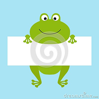 Funny frog hanging on paper board template. Big eyes. Kawaii animal body. Cute cartoon character. Baby card. Flat design style. Bl Vector Illustration