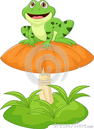 Funny frog sitting on mushroom Vector Illustration