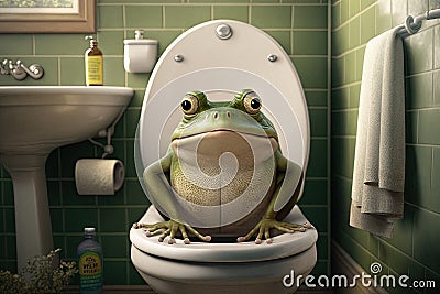 Funny frog sitting on a toilet seat in the bathroom Stock Photo